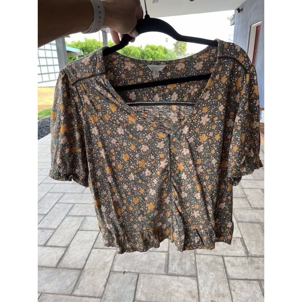 Lucky Brand Floral Puff Sleeve Peasant Top V-Neck Ruffle Blouse Olive Large